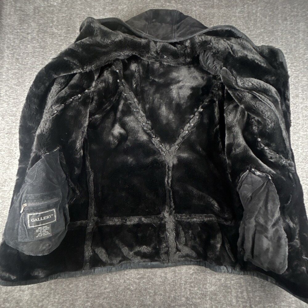 Gallery Genuine Suede Leather Coat Womens Sz M Black Faux Fur Lining & Trim Warm - Picture 3 of 12